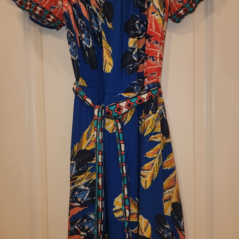 Flying Tomato Blue Floral High-Low Dress Size L Elastic Neck On/Off Shoulder - Picture 4 of 10